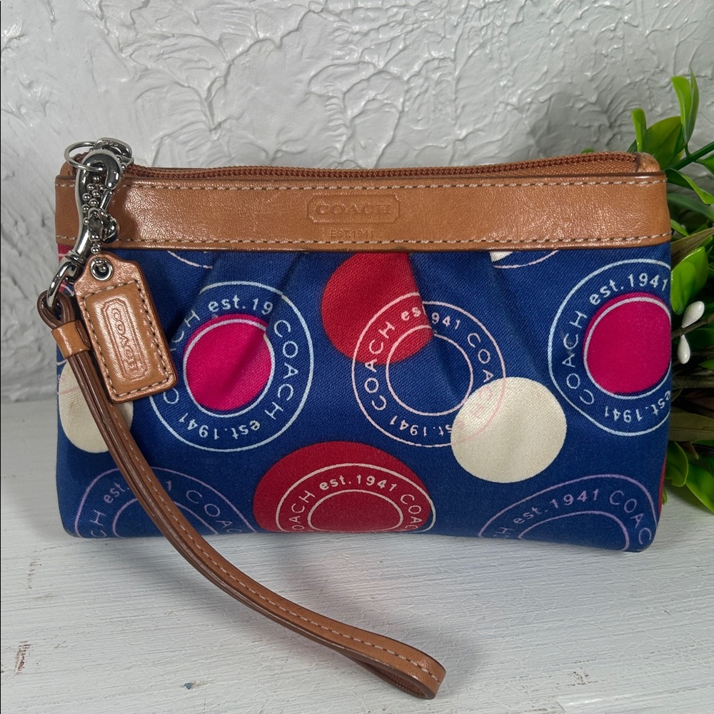 Coach Leah Polka a Dot Multicolor Wristlet with Carmel Leather Trim Hang Tag
